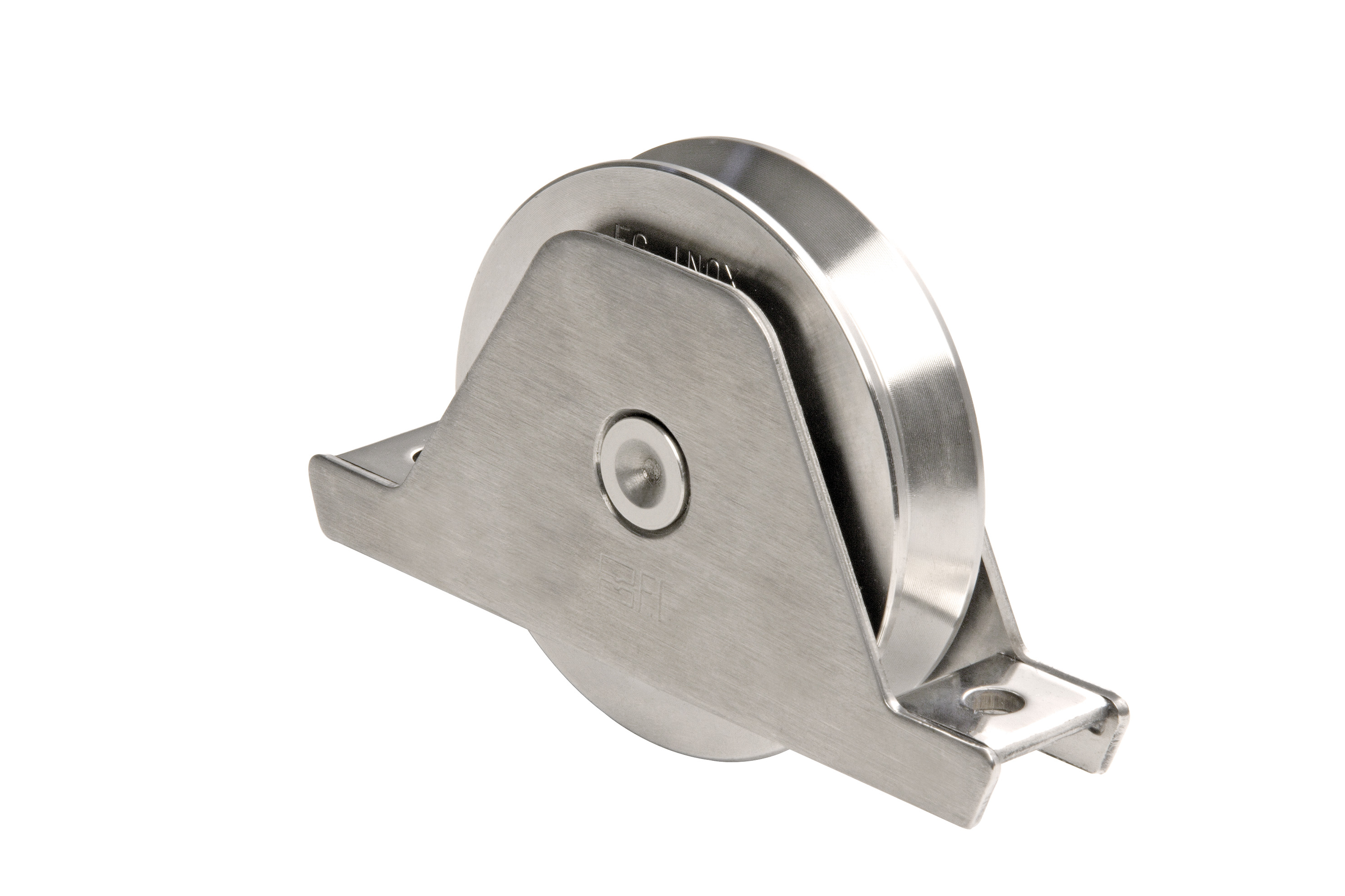 RODA C/ SUPORTE INTERIOR, 1 ROLAMENTO, CANAL EM V- INOX