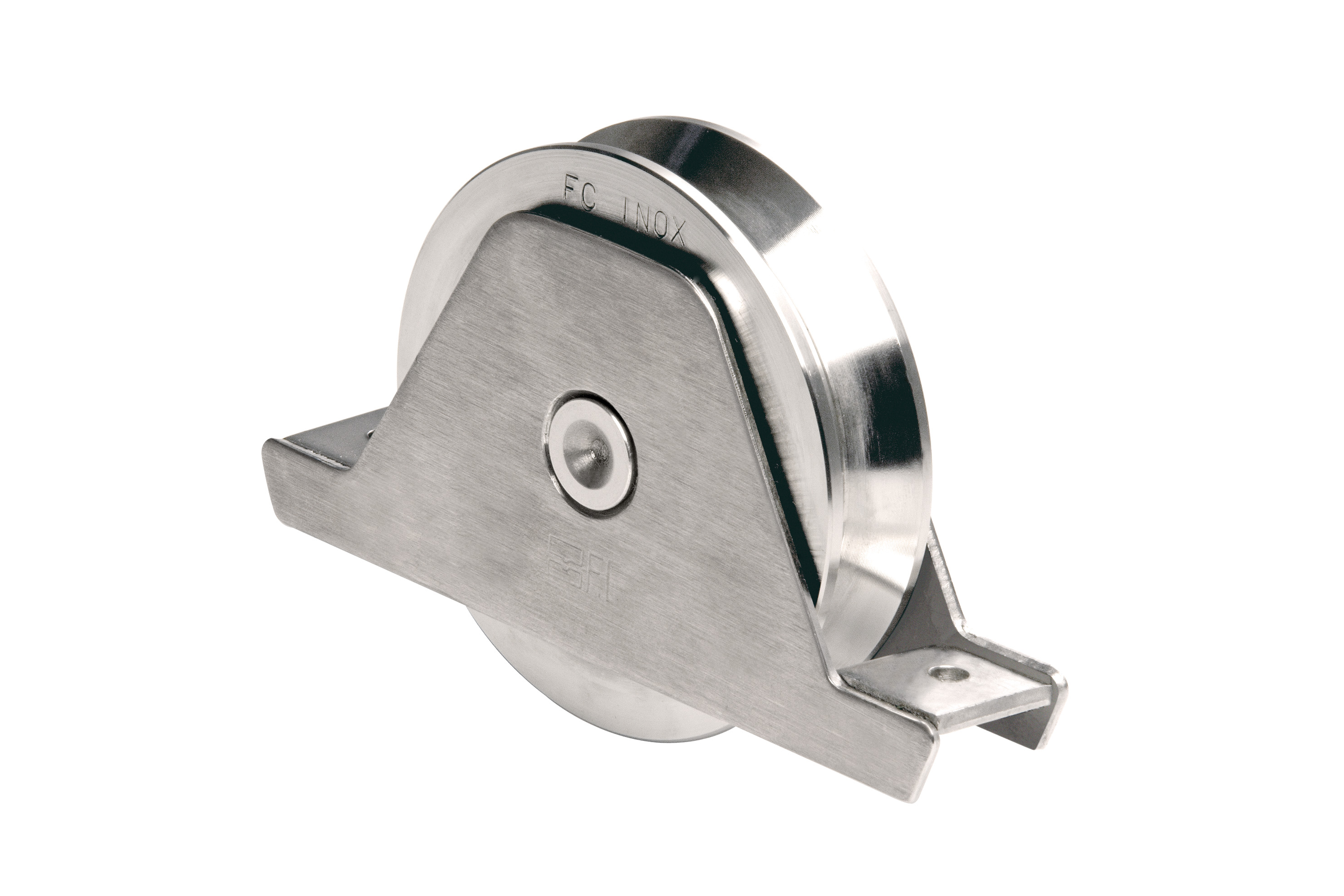 RODA C/ SUPORTE INTERIOR, 2 ROLAMENTOS, CANAL EM V- INOX